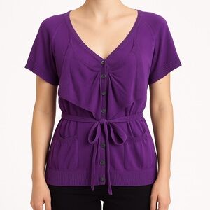 Falls 100% Silk Sweater Knit Purple Button-Front Blouse with Tie Waist - Size M